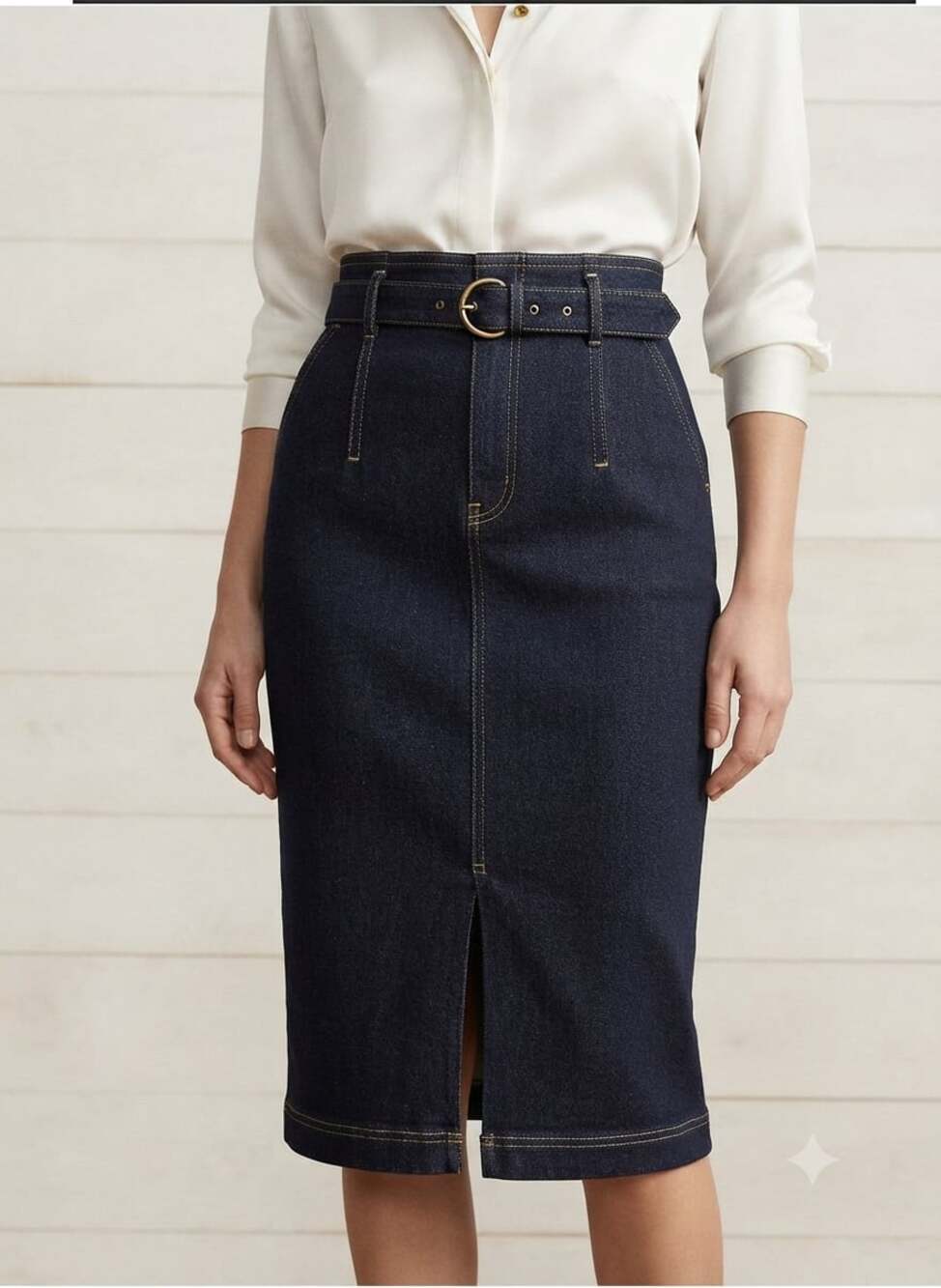 Philosophy Di Lorenzo Serafini Belted Contrast Stitch Denim Midi Pencil Skirt